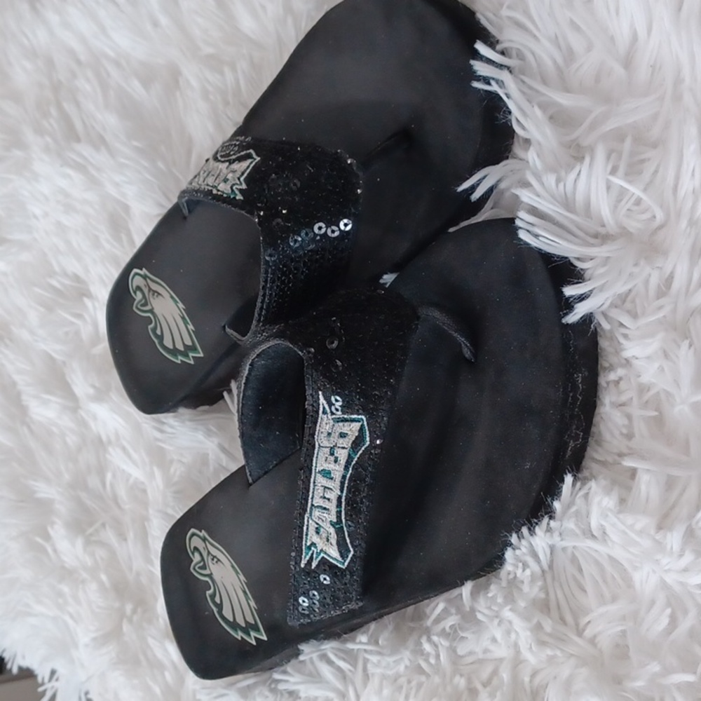 Sequined NFL Eagles Flip Flops Sandals Black SZ 8
